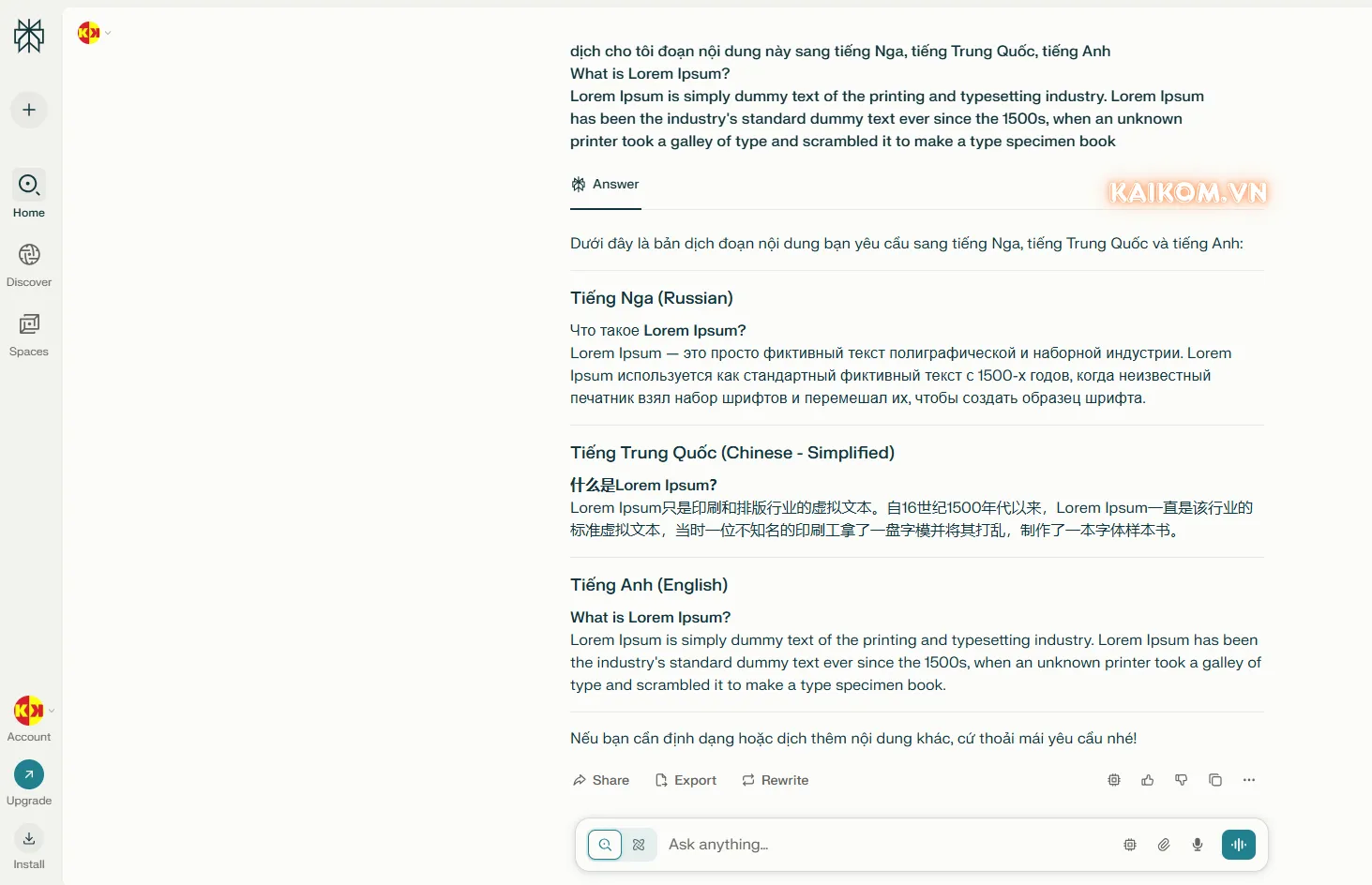 Với tài khoản Perplexity AI Pro cho phép dịch hơn 100 ngôn ngữ qua lại