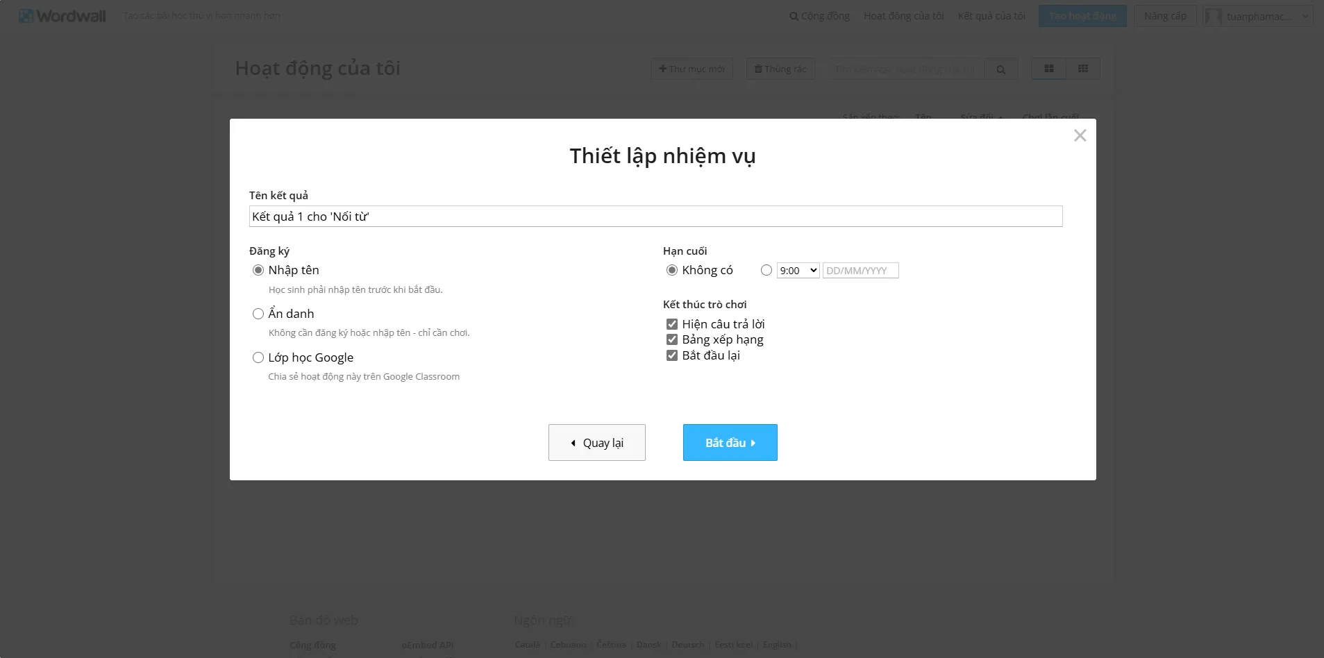 Nền tảng cho phép thiết lập nhiệm vụ