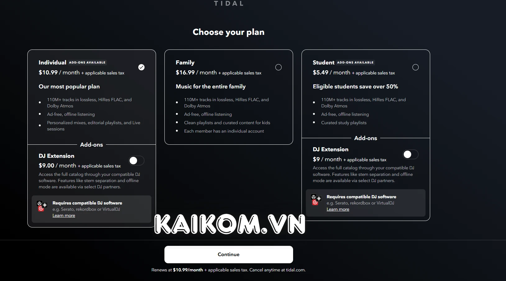 Mua tài khoản Tidal tại KaiKom