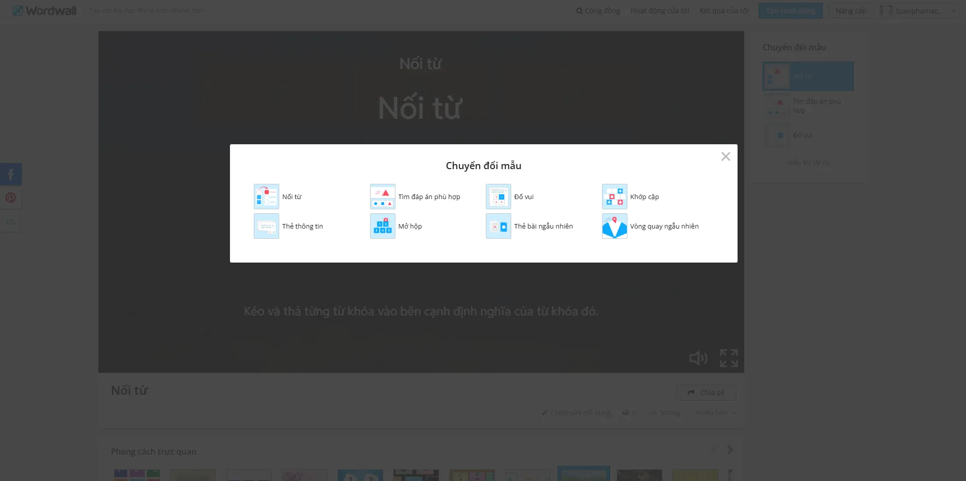 Wordwall cho phép chuyển đổi mẫu bài tập