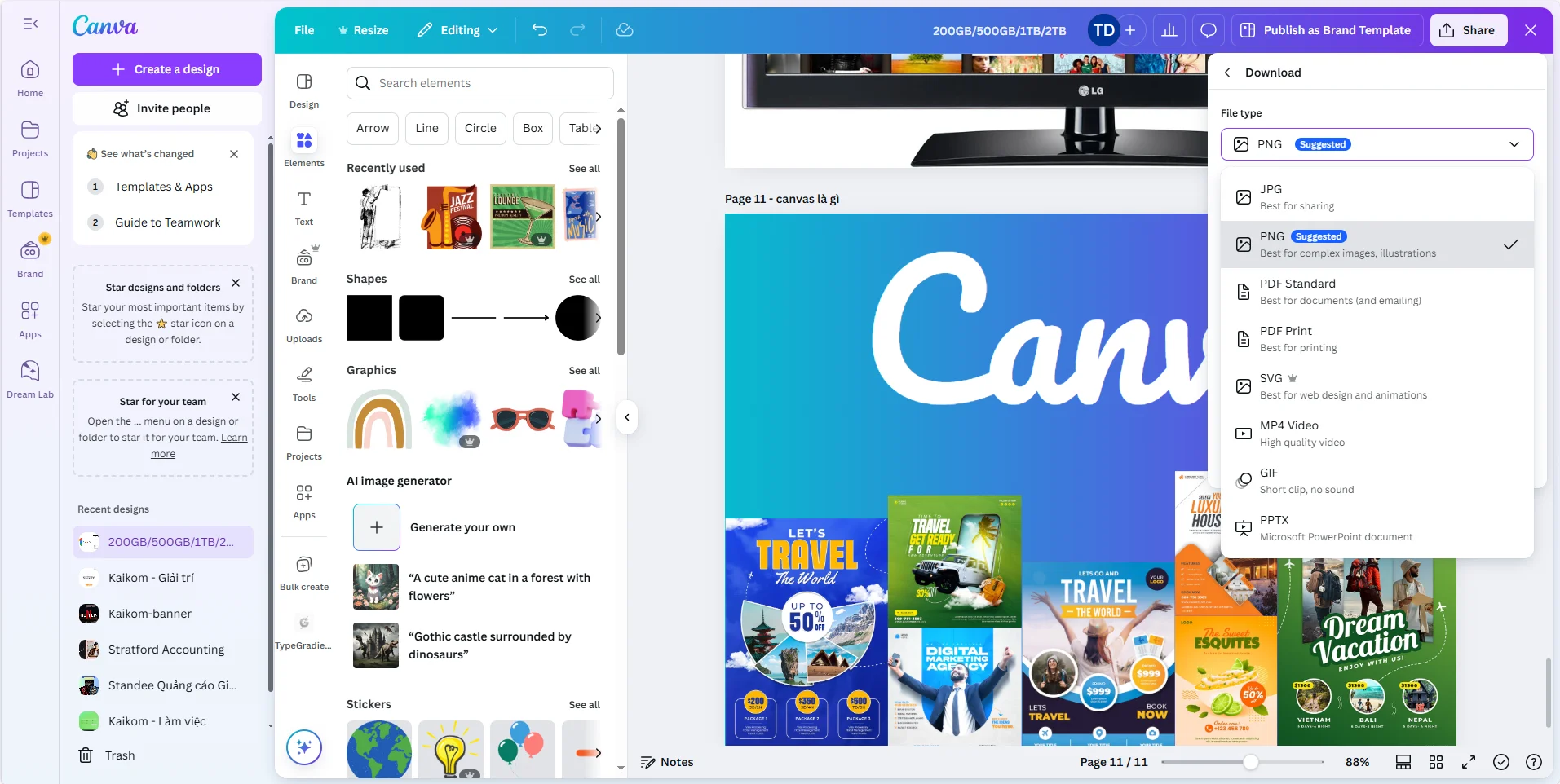 Tài khoản Canva Pro hỗ trợ xuất file nhiều định dạng