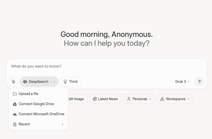 Grok 3 AI cho phép upload file và kết nối với Google Drive và OneDrive.