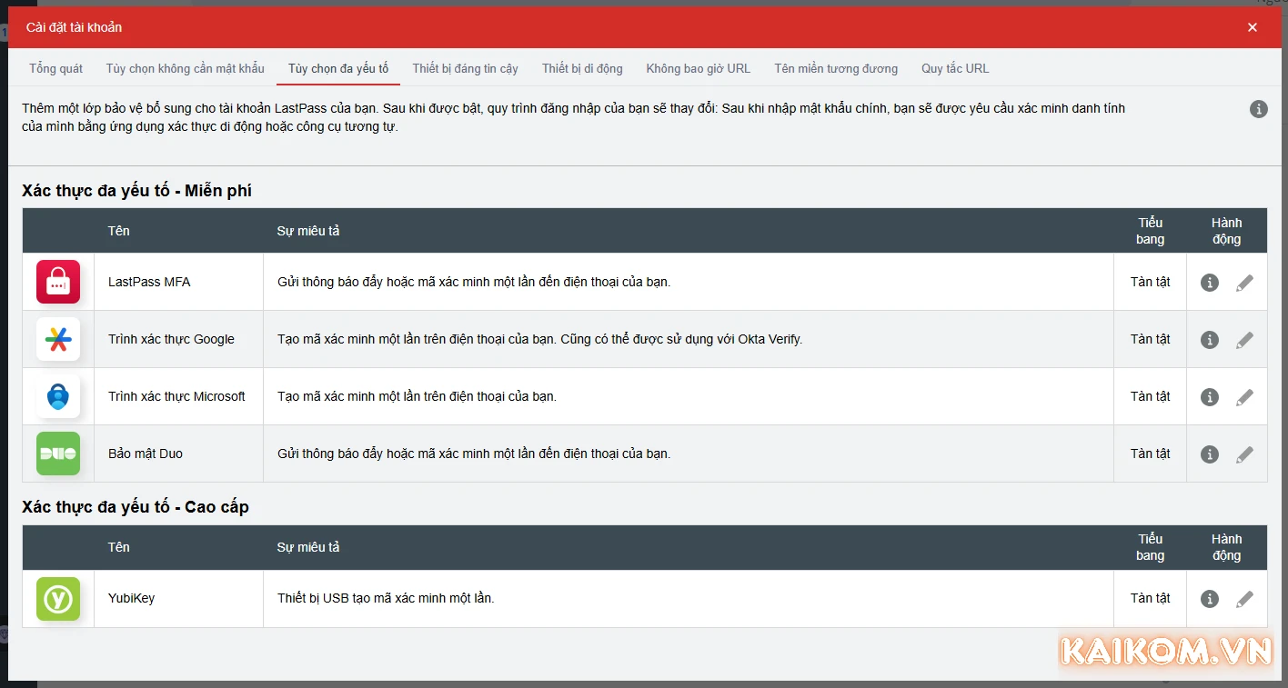 LastPass Premium đa dạng tùy chọn xác thực đa yếu tố