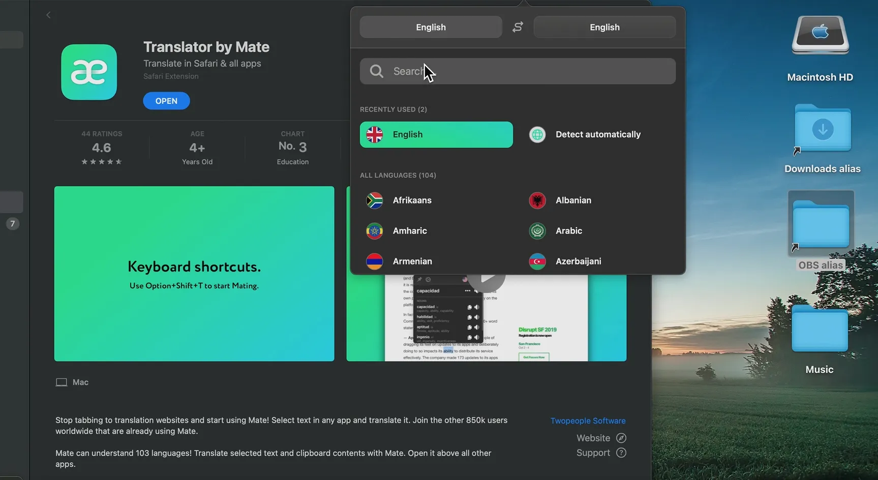 Mate Translate hỗ trợ dịch hơn 100 ngôn ngữ khác nhau