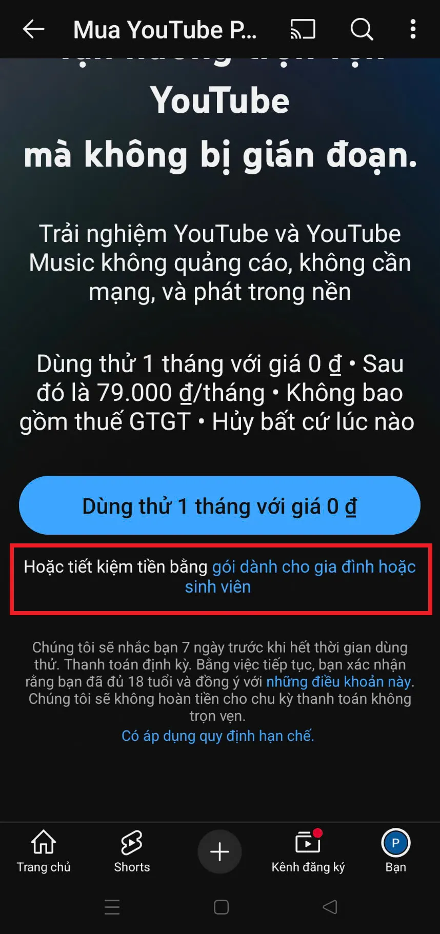 Bước 4 hd đăng ký Youtube Premium Việt Nam điện thoại