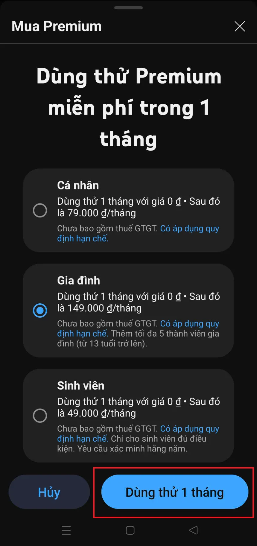 Bước 5 hd đăng ký Youtube Premium Việt Nam điện thoại