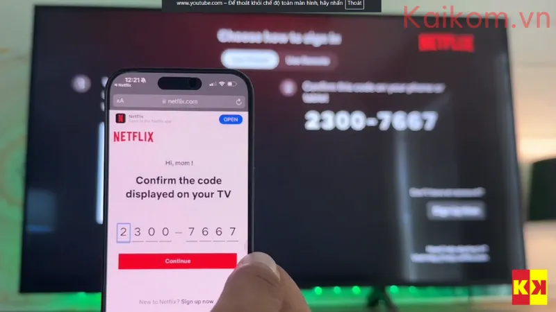 Một giao diện nhập mã Netflix hiện ra, chọn Continue